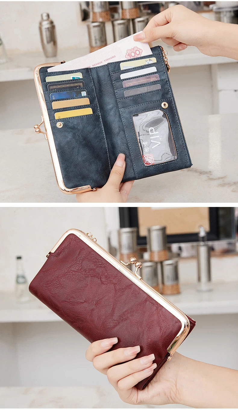 Solid Color Multi Functional Long Wallet, Vintage Clutch Coin Purse, Women's Card Holder Zipper Wallet